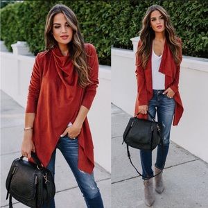 VICI Herbaceous Faux Suede Pocketed Drape Jacket - Rust - Small